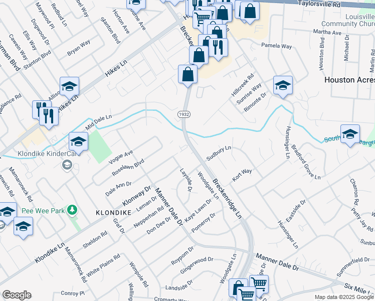 map of restaurants, bars, coffee shops, grocery stores, and more near 3118 Breckenridge Lane in Louisville