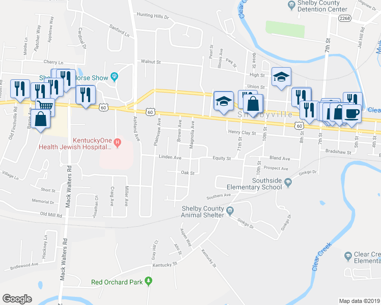 map of restaurants, bars, coffee shops, grocery stores, and more near 705 Magnolia Avenue in Shelbyville