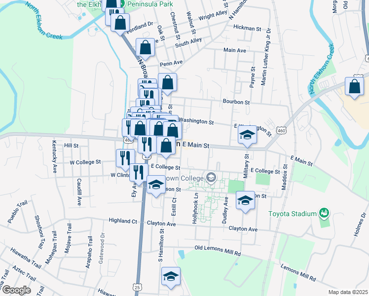 map of restaurants, bars, coffee shops, grocery stores, and more near 320 East Main Street in Georgetown