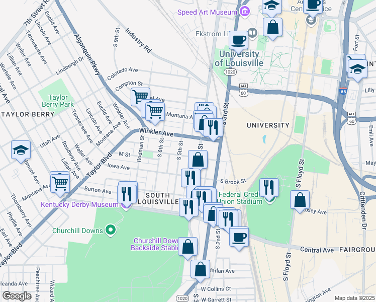 map of restaurants, bars, coffee shops, grocery stores, and more near 413 M Street in Louisville
