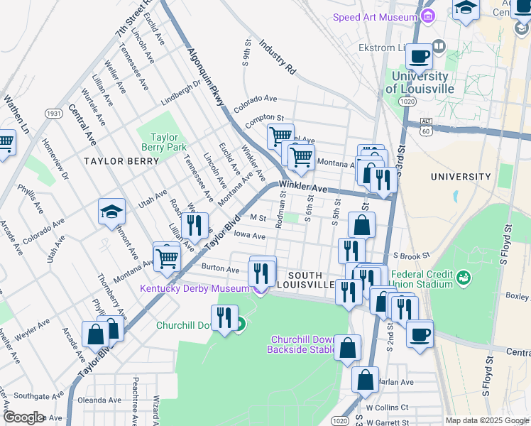 map of restaurants, bars, coffee shops, grocery stores, and more near 733 M Street in Louisville