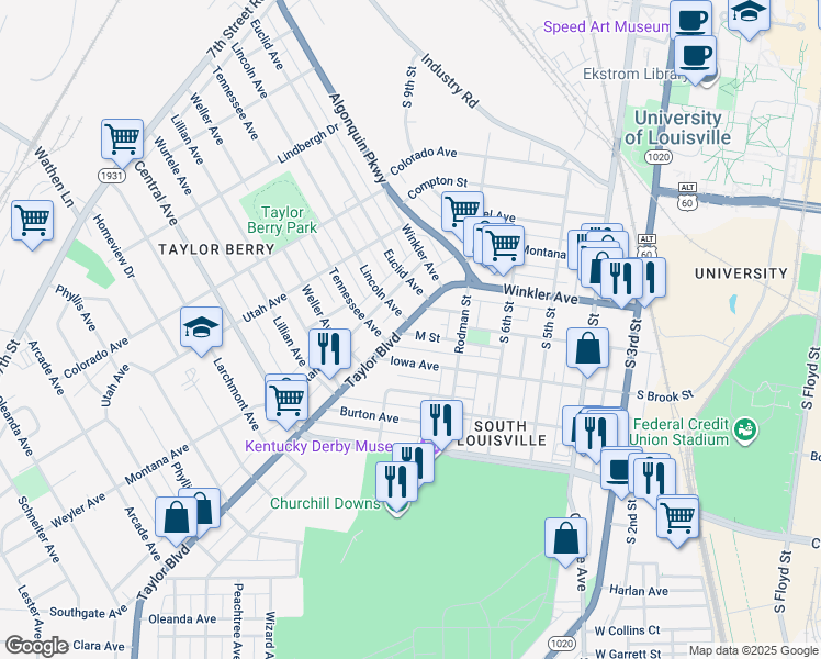 map of restaurants, bars, coffee shops, grocery stores, and more near 733 M Street in Louisville