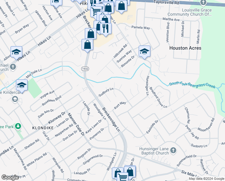 map of restaurants, bars, coffee shops, grocery stores, and more near 3512 Indocin Court in Louisville
