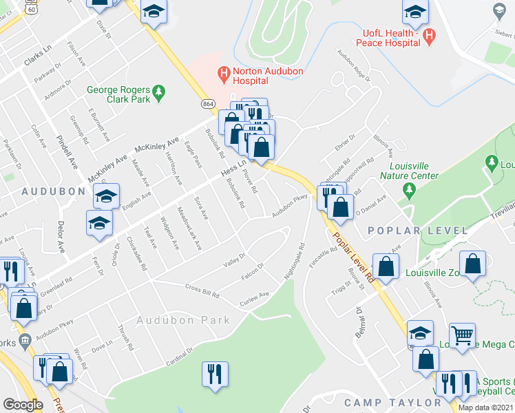 map of restaurants, bars, coffee shops, grocery stores, and more near 3126 Plover Road in Louisville
