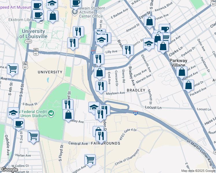 map of restaurants, bars, coffee shops, grocery stores, and more near 2428 Emil Avenue in Louisville