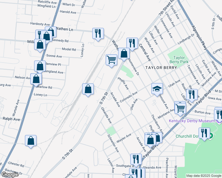 map of restaurants, bars, coffee shops, grocery stores, and more near 2823 7th Street Road in Louisville