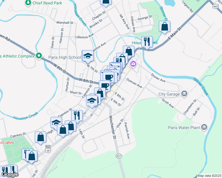 map of restaurants, bars, coffee shops, grocery stores, and more near 732 East 8th Street in Paris