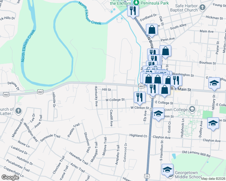 map of restaurants, bars, coffee shops, grocery stores, and more near 105 Hill Street in Georgetown