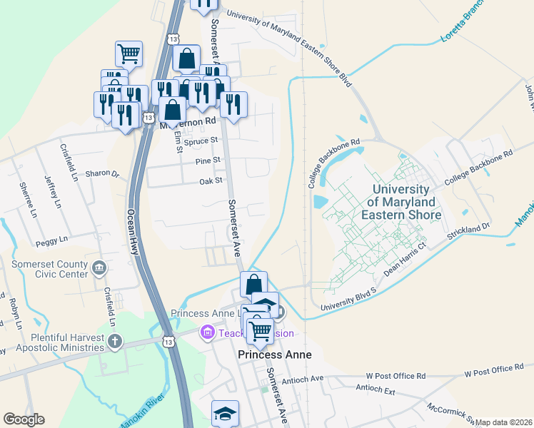 map of restaurants, bars, coffee shops, grocery stores, and more near 30500 Riggin Street in Princess Anne