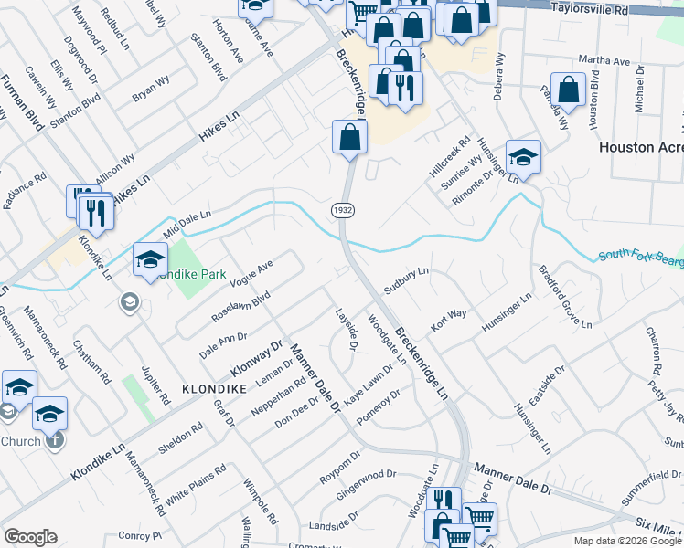 map of restaurants, bars, coffee shops, grocery stores, and more near 3118 Breckenridge Lane in Louisville