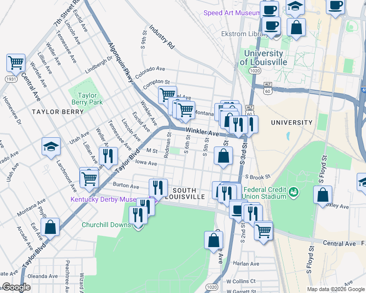 map of restaurants, bars, coffee shops, grocery stores, and more near 2728 South 6th Street in Louisville
