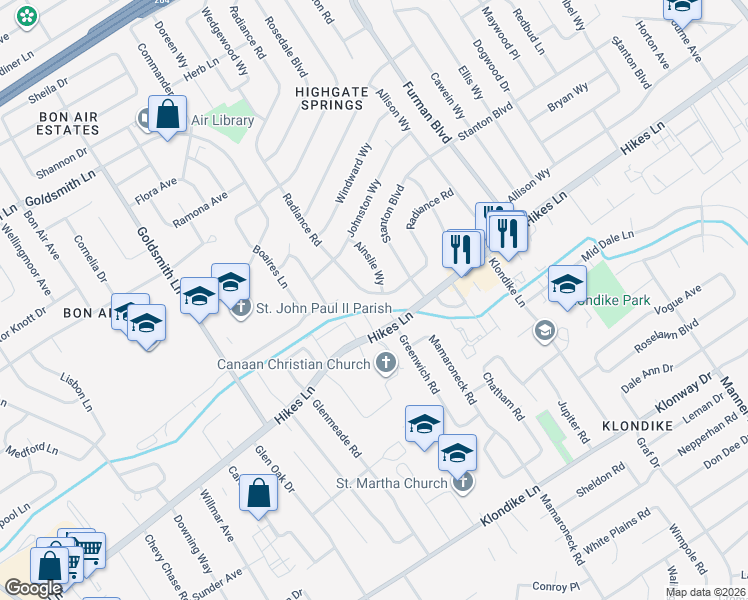map of restaurants, bars, coffee shops, grocery stores, and more near 3242 Radiance Road in Louisville