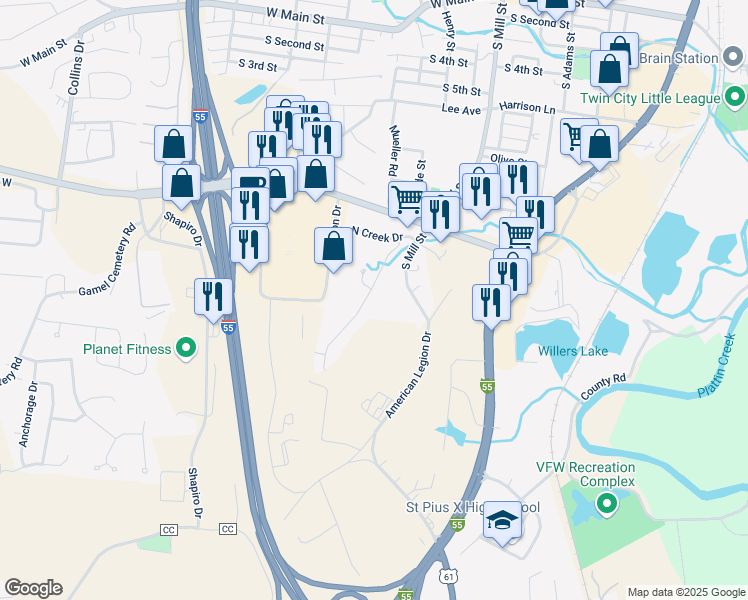 map of restaurants, bars, coffee shops, grocery stores, and more near 738 Woodside Creek in Festus
