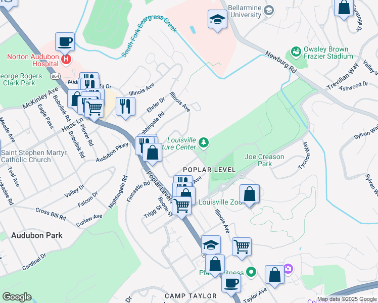 map of restaurants, bars, coffee shops, grocery stores, and more near 1724 O Daniel Avenue in Louisville