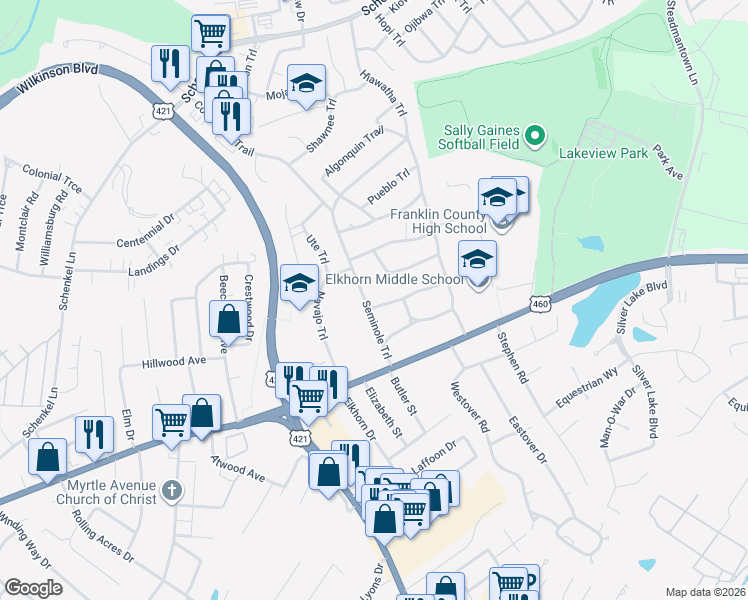 map of restaurants, bars, coffee shops, grocery stores, and more near 1016 Iroquois Trail in Frankfort