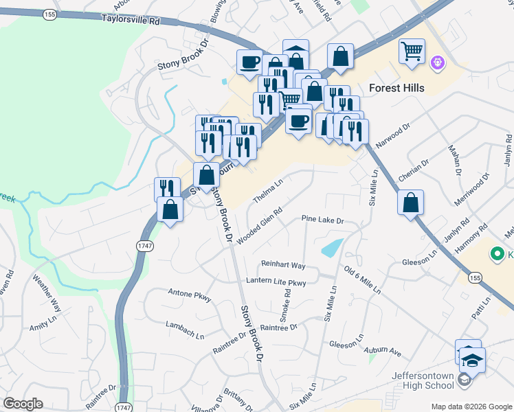 map of restaurants, bars, coffee shops, grocery stores, and more near 8918 Thelma Lane in Louisville