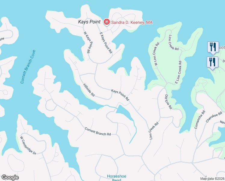 map of restaurants, bars, coffee shops, grocery stores, and more near 362 Kays Point Road in Village of Four Seasons