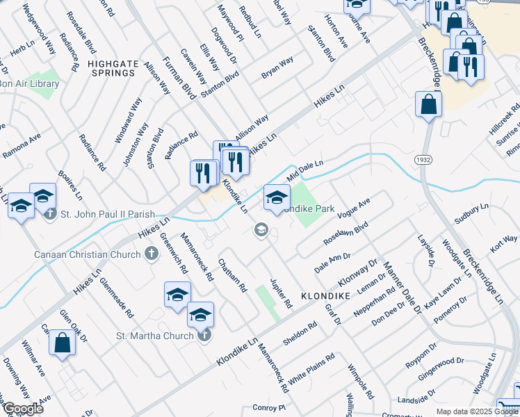 map of restaurants, bars, coffee shops, grocery stores, and more near 3004 Mid Dale Lane in Louisville