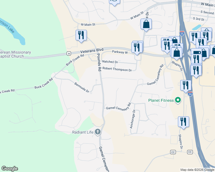 map of restaurants, bars, coffee shops, grocery stores, and more near 11412 Pounds Road in Festus