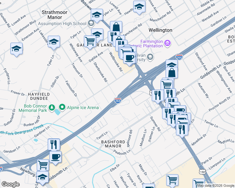 map of restaurants, bars, coffee shops, grocery stores, and more near 3108 Sherbrooke Road in Louisville