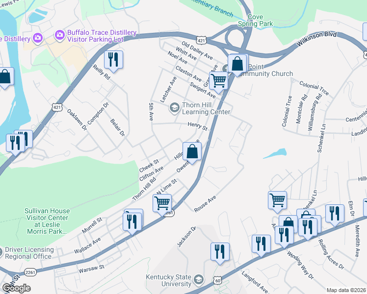 map of restaurants, bars, coffee shops, grocery stores, and more near 728 Hillcrest Avenue in Frankfort