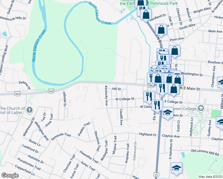 map of restaurants, bars, coffee shops, grocery stores, and more near 103 Hill Street in Georgetown