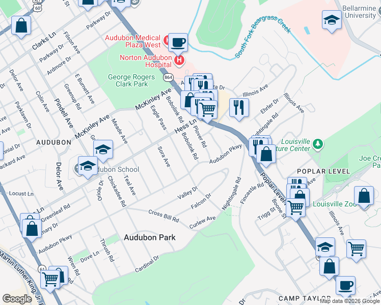 map of restaurants, bars, coffee shops, grocery stores, and more near 3122 Bobolink Road in Louisville