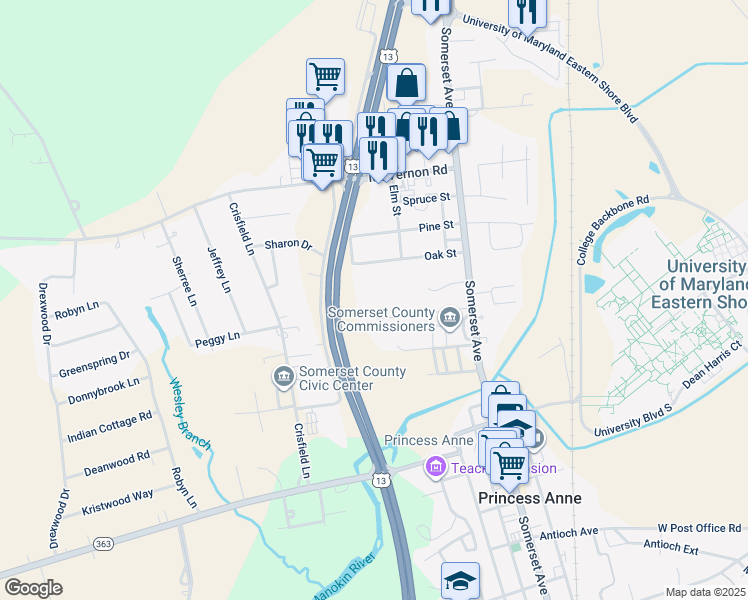 map of restaurants, bars, coffee shops, grocery stores, and more near Washington High School Back Road in Princess Anne