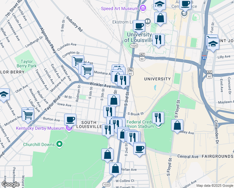 map of restaurants, bars, coffee shops, grocery stores, and more near 317 M Street in Louisville