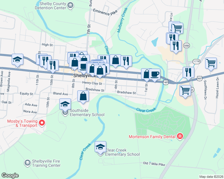 map of restaurants, bars, coffee shops, grocery stores, and more near 411 Bradshaw Street in Shelbyville