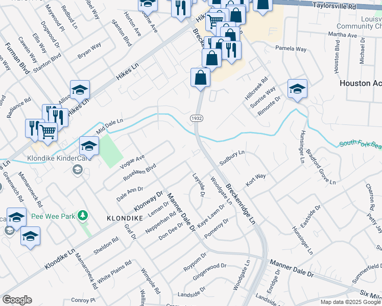 map of restaurants, bars, coffee shops, grocery stores, and more near 3118 Breckenridge Lane in Louisville