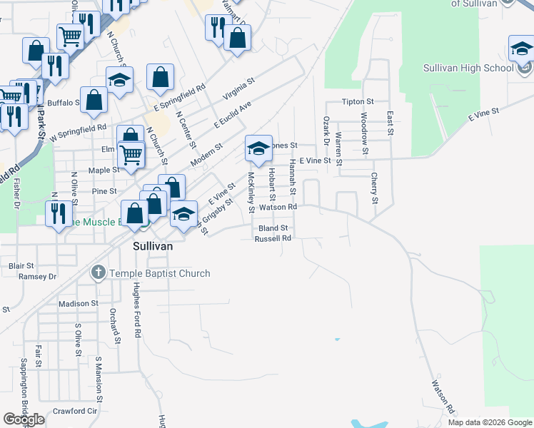 map of restaurants, bars, coffee shops, grocery stores, and more near 228 Watson Road in Sullivan
