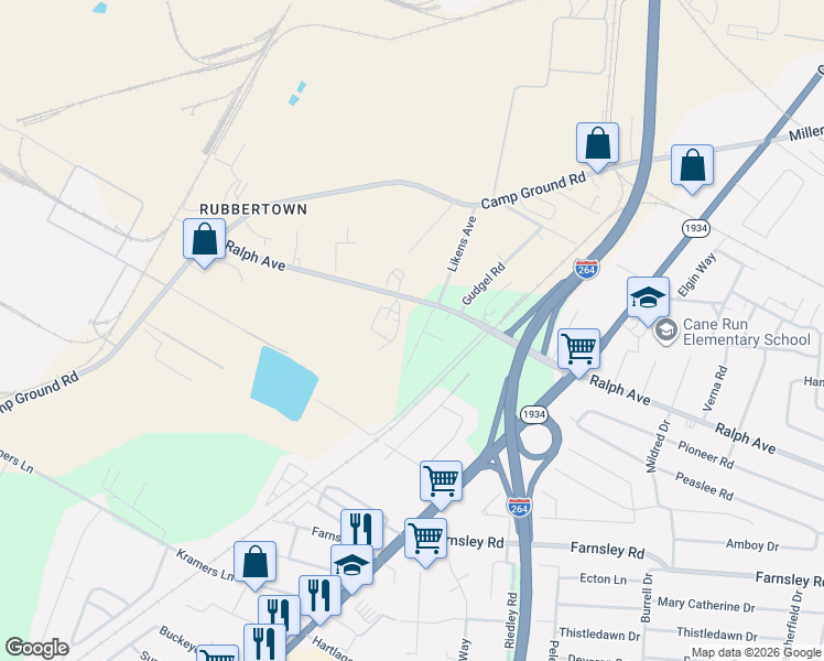 map of restaurants, bars, coffee shops, grocery stores, and more near 3109 1/2 Likens Avenue in Louisville
