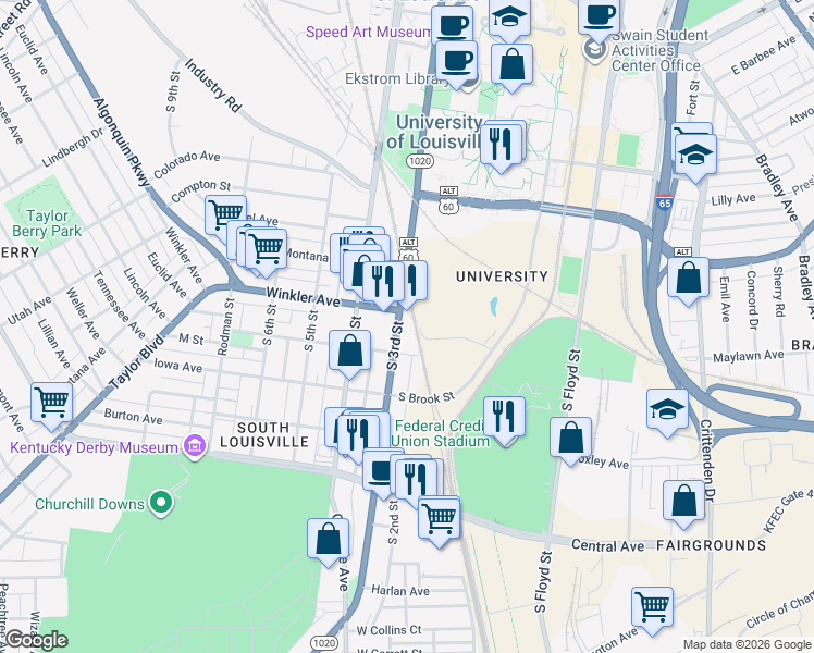 map of restaurants, bars, coffee shops, grocery stores, and more near 2711 South 3rd Street in Louisville