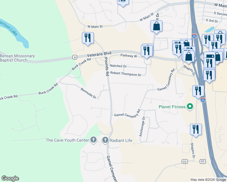 map of restaurants, bars, coffee shops, grocery stores, and more near 11412 Pounds Road in Festus