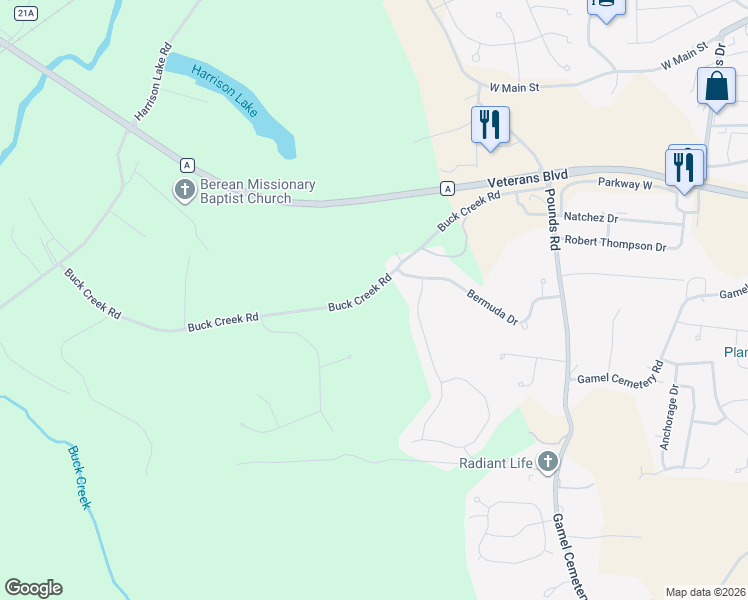 map of restaurants, bars, coffee shops, grocery stores, and more near 2208 Buck Creek Road in Festus