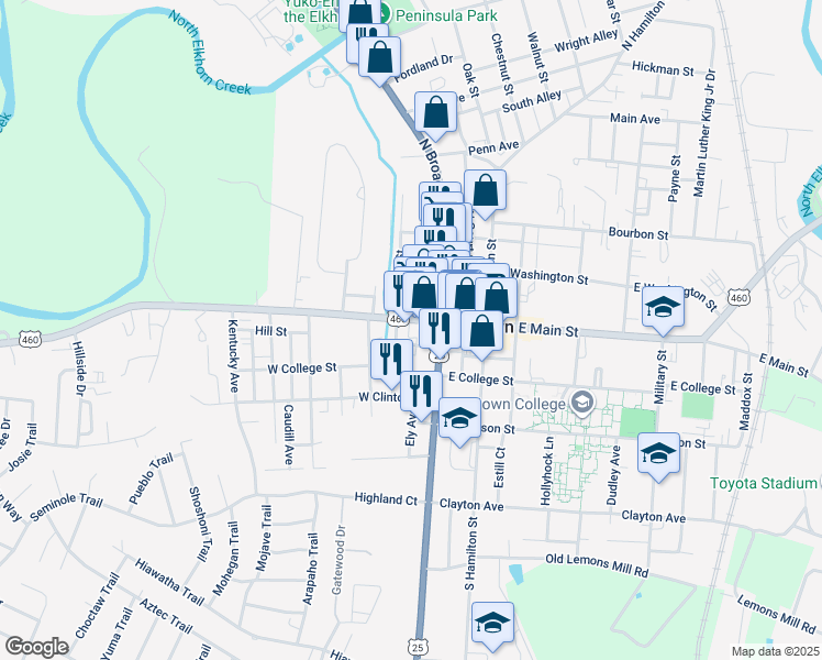 map of restaurants, bars, coffee shops, grocery stores, and more near 144 West Main Street in Georgetown