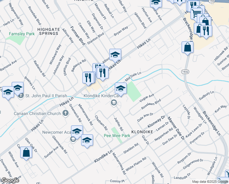 map of restaurants, bars, coffee shops, grocery stores, and more near 3006 Mid Dale Lane in Louisville