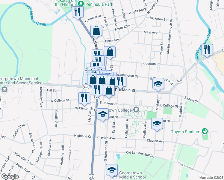 map of restaurants, bars, coffee shops, grocery stores, and more near 200 E Main St in Georgetown
