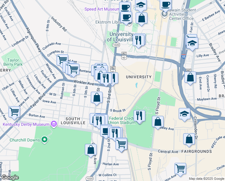 map of restaurants, bars, coffee shops, grocery stores, and more near 2711 South 3rd Street in Louisville
