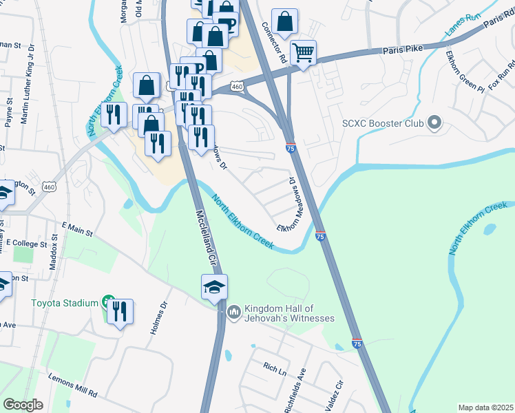 map of restaurants, bars, coffee shops, grocery stores, and more near 202 Elkhorn Meadows Drive in Georgetown