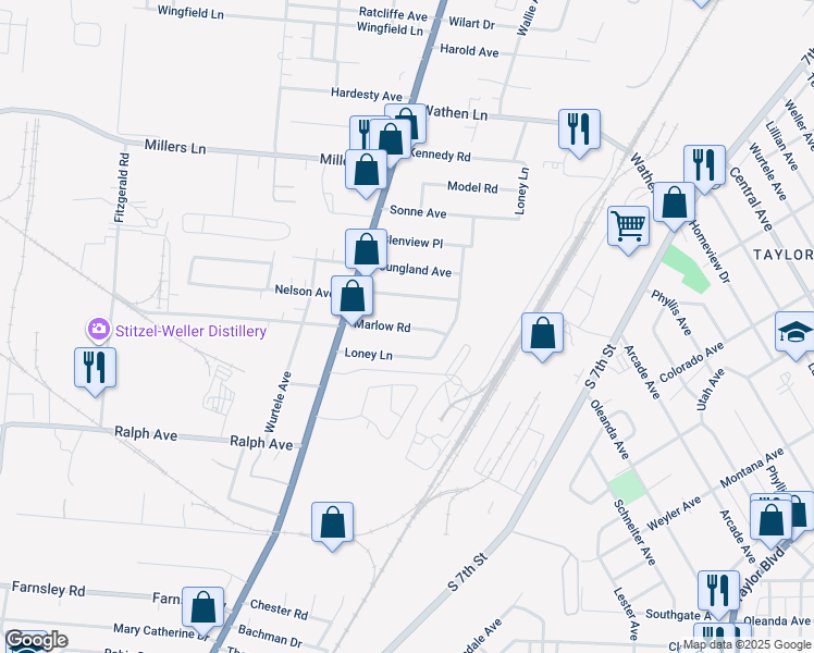map of restaurants, bars, coffee shops, grocery stores, and more near 1716 Marlow Road in Louisville
