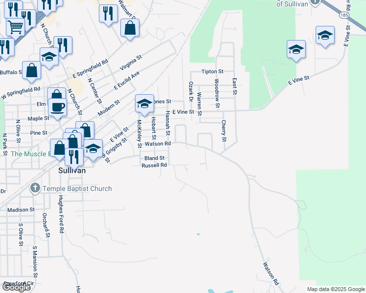 map of restaurants, bars, coffee shops, grocery stores, and more near 416 Watson Road in Sullivan