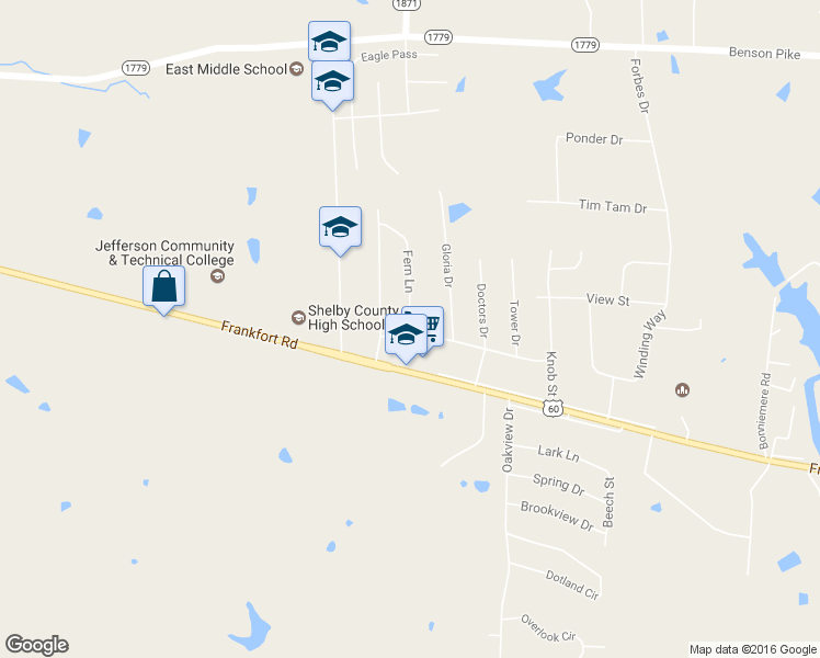 map of restaurants, bars, coffee shops, grocery stores, and more near 2 Fern Ln in Shelbyville