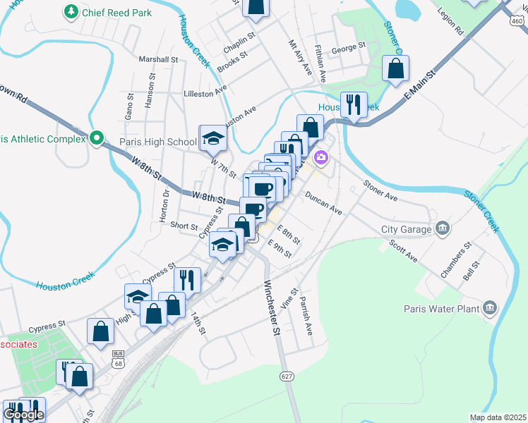 map of restaurants, bars, coffee shops, grocery stores, and more near 732 East 8th Street in Paris
