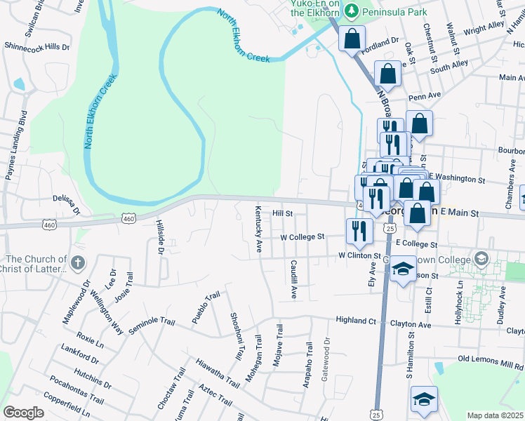 map of restaurants, bars, coffee shops, grocery stores, and more near 103 Hill Street in Georgetown