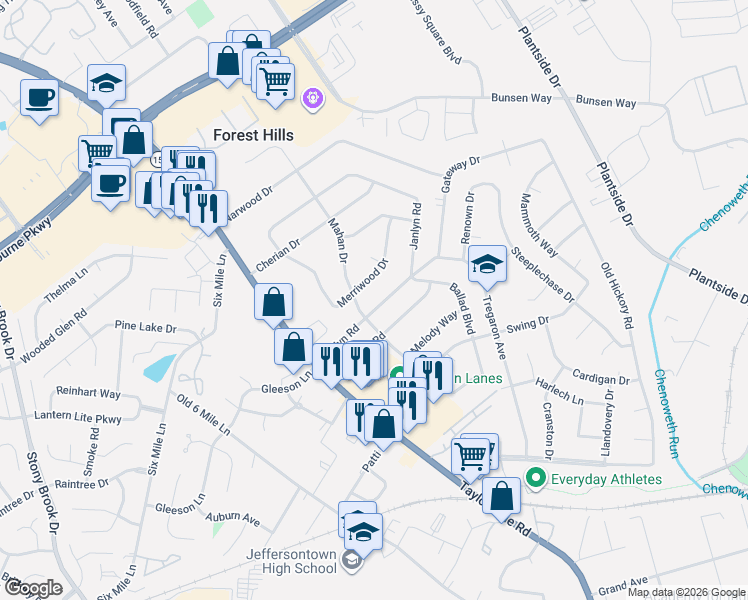 map of restaurants, bars, coffee shops, grocery stores, and more near 2425 Mahan Drive in Jeffersontown
