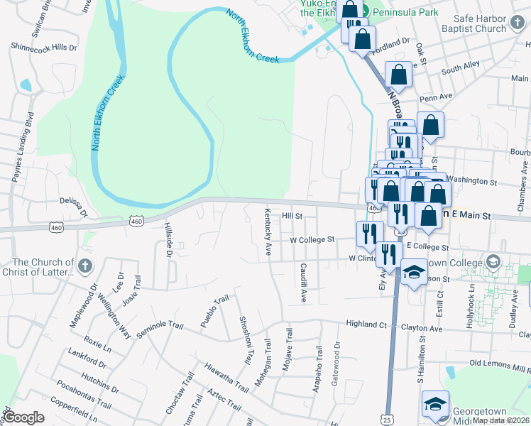 map of restaurants, bars, coffee shops, grocery stores, and more near 511 Kentucky Avenue in Georgetown