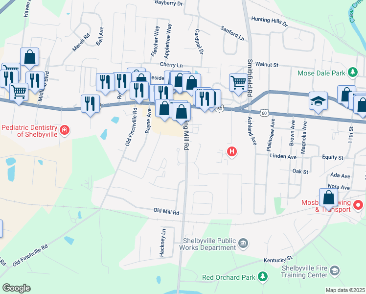map of restaurants, bars, coffee shops, grocery stores, and more near 126 Clifton Court in Shelbyville