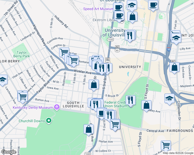 map of restaurants, bars, coffee shops, grocery stores, and more near 317 M Street in Louisville